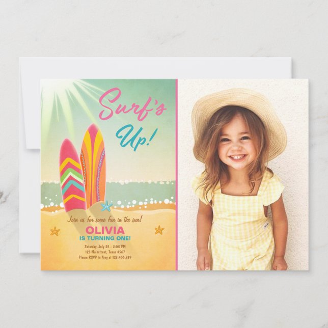Surfing Birthday Invitation Surf's Up Beach Girl (Front)