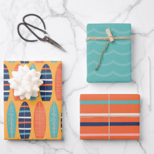 Surfing birthday orange and turquoise surf boards wrapping paper sheet