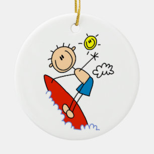 Surfing Boy Stick Figure Ceramic Ornament
