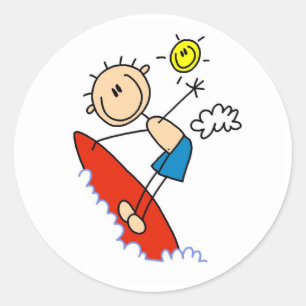 Surfing Boy Stick Figure Classic Round Sticker