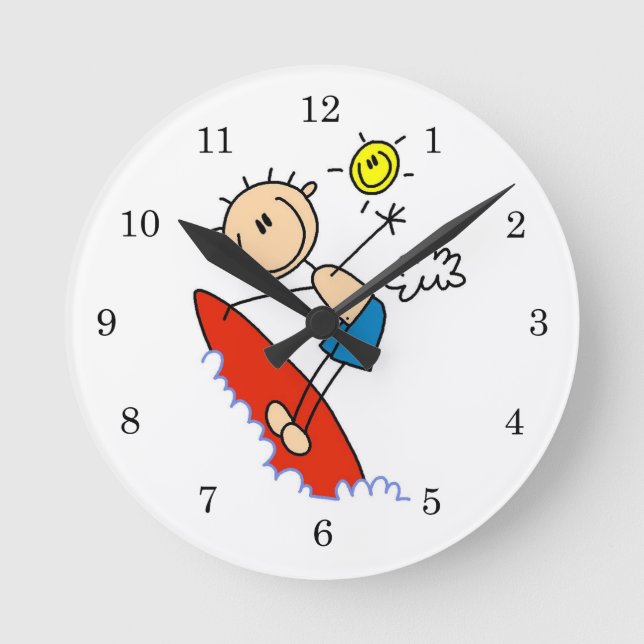 Surfing Boy Stick Figure Round Clock (Front)