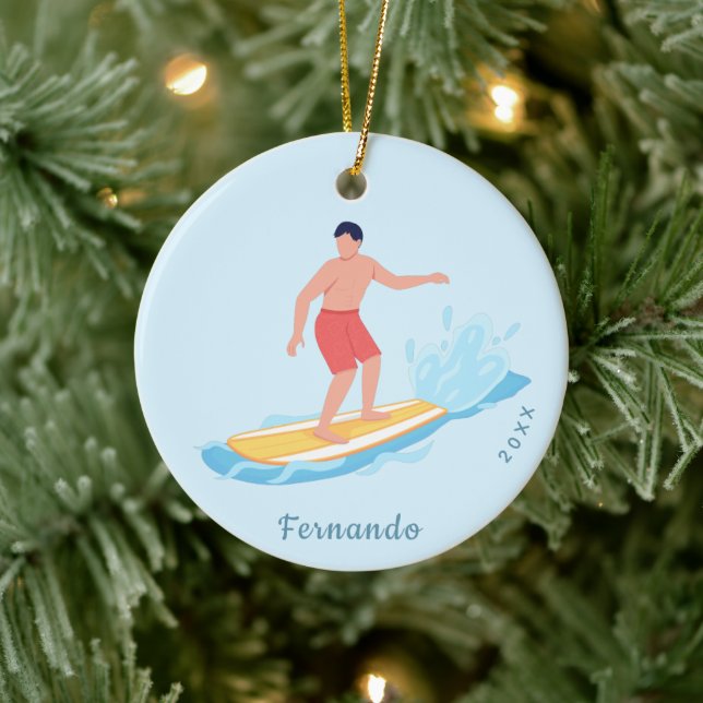 Surfing Boy Surfer Riding a Wave Name & Year Water Ceramic Ornament (Tree)