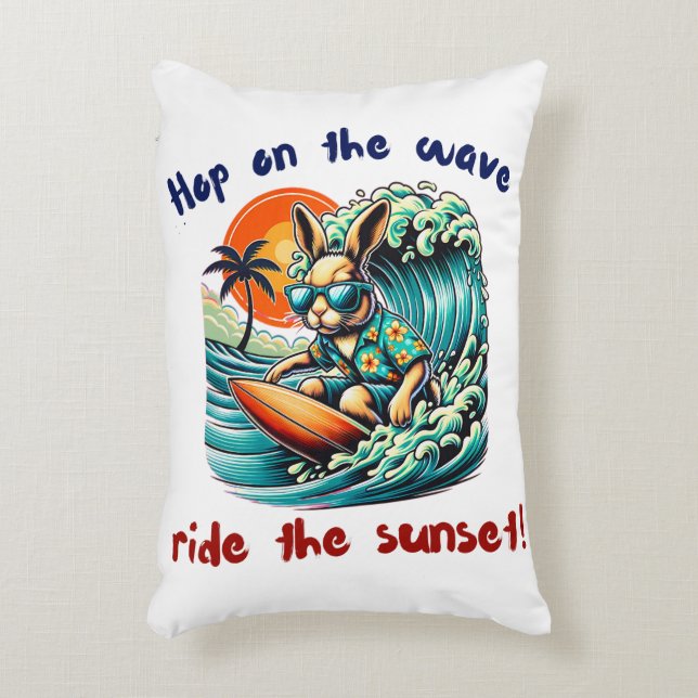 Surfing Bunny with Sunglasses Under Sunset Waves Accent Pillow (Front(Vertical))
