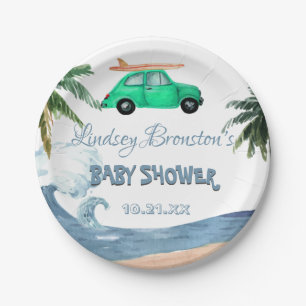 Surfing Car Coconut Tree Blue Beach Baby Shower Paper Plate