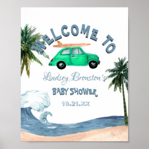 Surfing Car Coconut Tree Blue Beach Baby Shower Poster