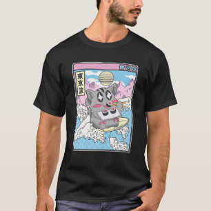 Surfing Cat Eating Sushi Japanese Wave Vaporwave K T-Shirt