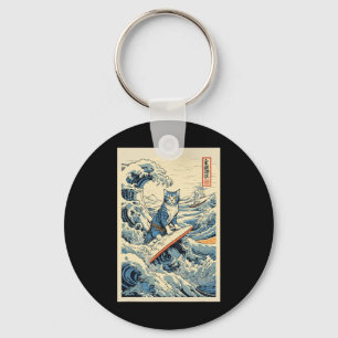 Surfing Cat Hokusai Great Wave Off Kanagawa Japane Keychain