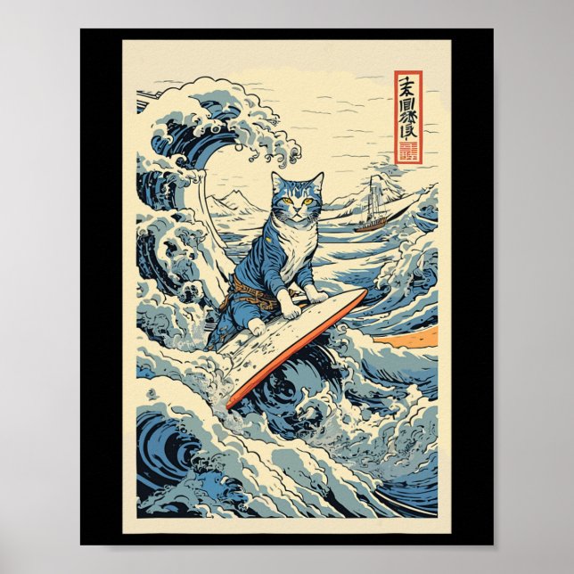 Surfing Cat Hokusai Great Wave Off Kanagawa Japane Poster (Front)