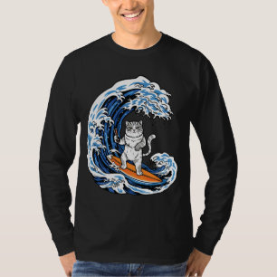 Surfing Cat on Epic Blue Wave – Cool Cartoon Ocean T-Shirt