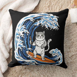 Surfing Cat on Epic Blue Wave – Cool Cartoon Ocean Throw Pillow