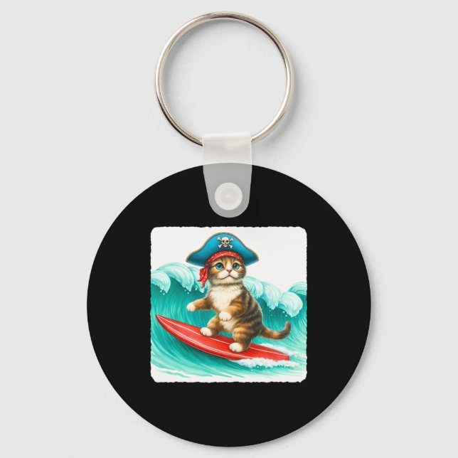 Surfing Cat With Pirate Hat On Surfboard. Waves Pl Keychain (Front)