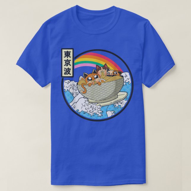 Surfing Cats Eating Ramen Bowl Japanese Waves Kawa T-Shirt (Design Front)
