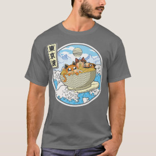 Surfing Cats Eating Ramen Bowl Japanese Waves Kawa T-Shirt