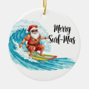 Surfing Christmas in Hawaii Tropical Santa Holiday Ceramic Ornament