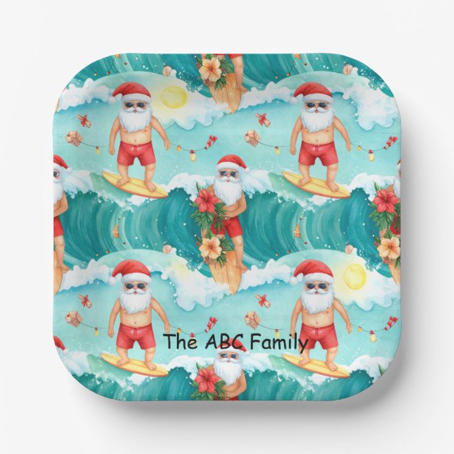 Surfing Christmas in July with SANTA CLAUS   Paper Plate (Front)