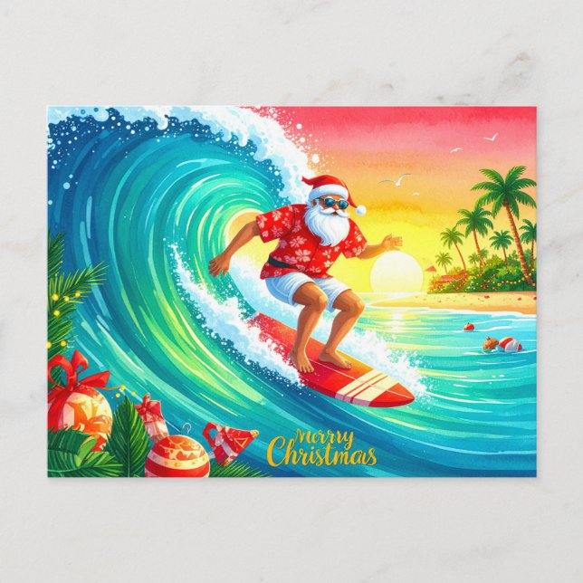 Surfing Christmas with Santa Claus Holiday Postcard (Front)