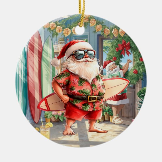Surfing Christmas with Santa Claus surfer  Ceramic Ornament (Front)