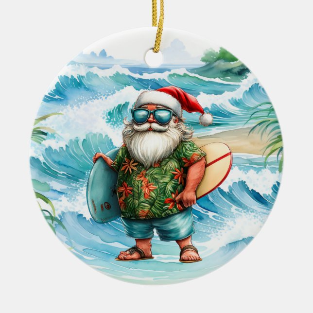 Surfing Christmas with Santa Claus surfer  Ceramic Ornament (Front)