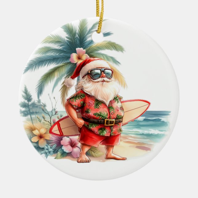 Surfing Christmas with Santa Claus surfer  Ceramic Ornament (Front)