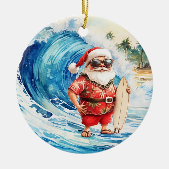 Surfing Christmas with Santa Claus surfer  Ceramic Ornament (Front)