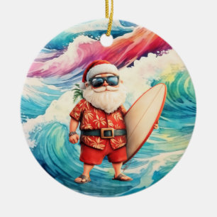 Surfing Christmas with Santa Claus surfer Ceramic Ornament