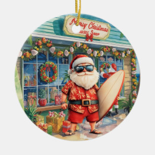 Surfing Christmas with Santa Claus surfer Ceramic Ornament