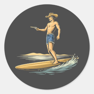 Surfing Cowboy Classic Round Sticker