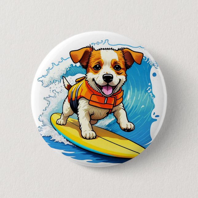 Surfing Dog 2 Inch Round Button (Front)