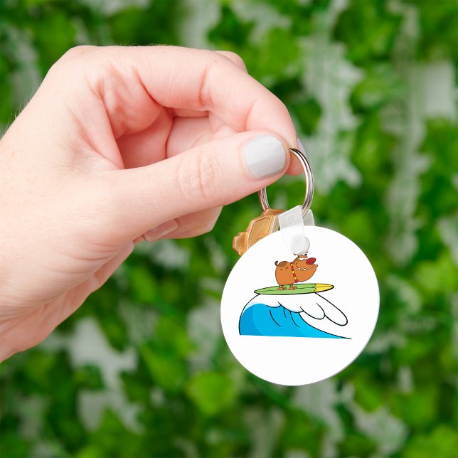 Surfing Dog Bulldog Riding Ocean Wave Keychain (Creator Uploaded)