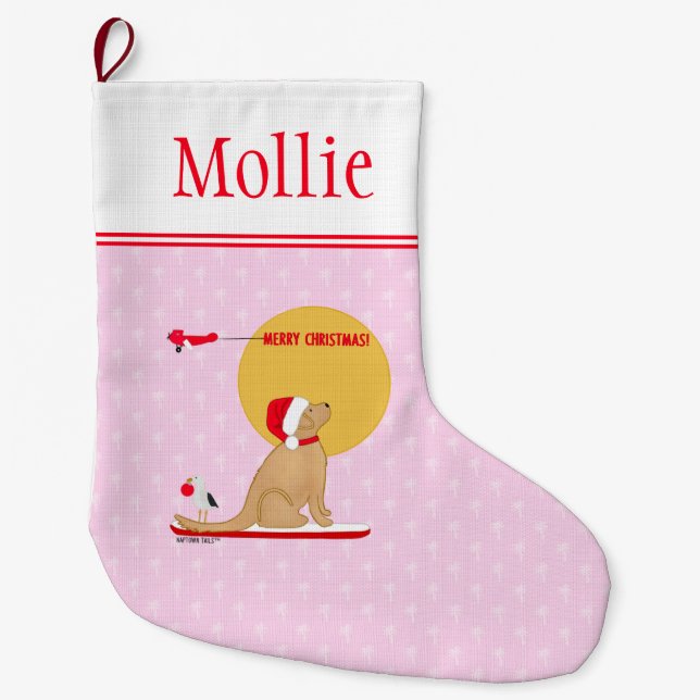 Surfing Dog Christmas Beach Day Pink Stocking (Front)