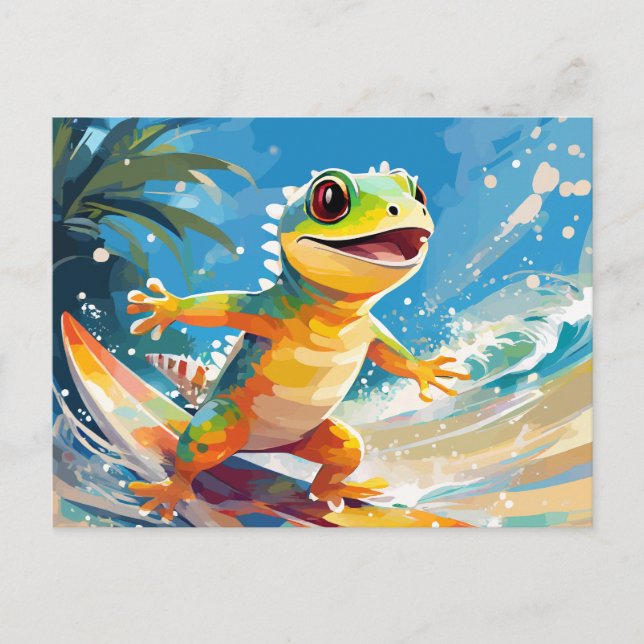 Surfing Gecko Riding The Waves Postcard (Front)