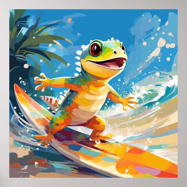 Surfing Gecko Riding The Waves Poster (Front)