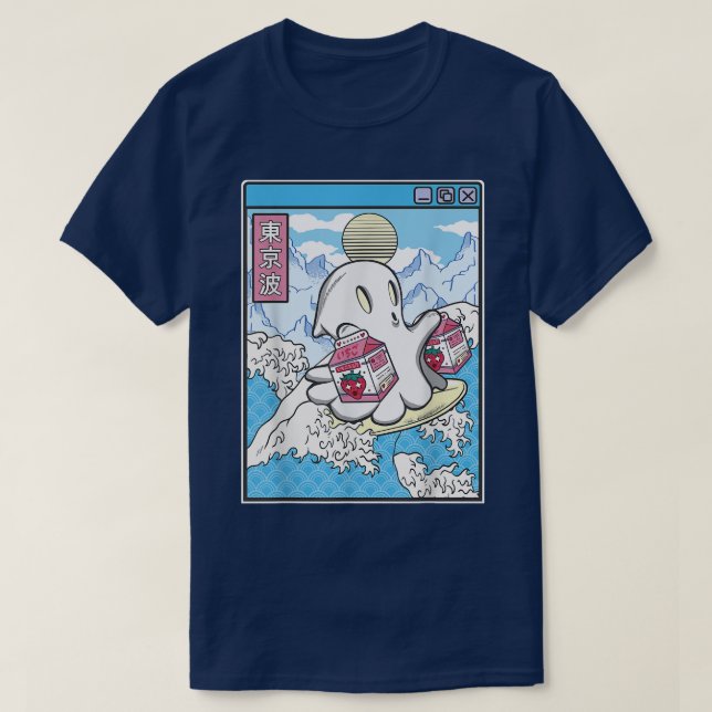 Surfing Ghost Strawberry Milk Japanese Wave Kawaii T-Shirt (Design Front)