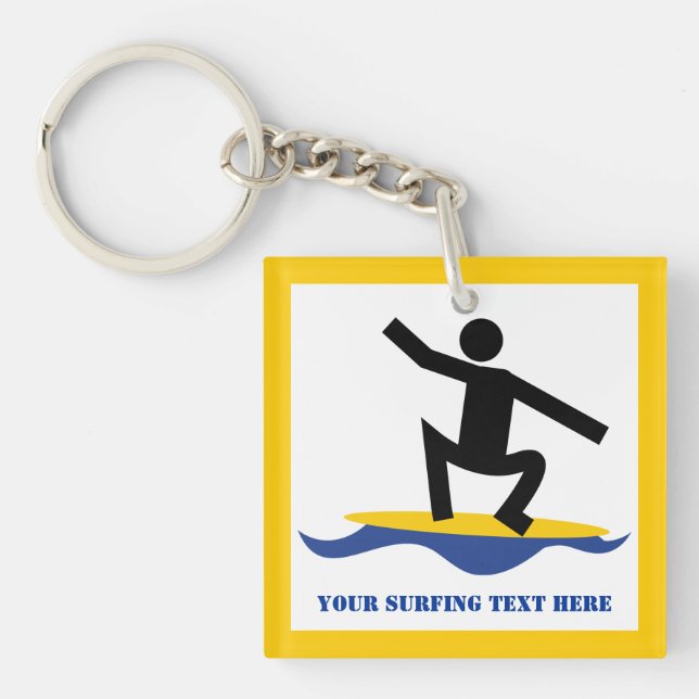 Surfing gifts, surfer on his surfboard custom keychain (Front)