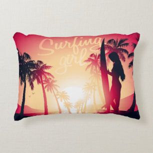 Surfing girl at sunrise accent pillow