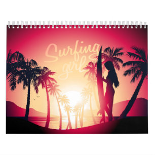Surfing girl at sunrise calendar