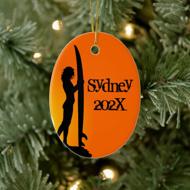 Surfing Girl Personalized Photo Ceramic Ornament (Tree)