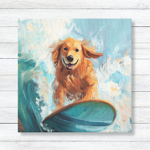 Surfing Golden Retriever Coastal Kids Art Canvas Print