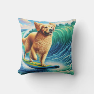 Surfing Golden Retriever Throw Pillow