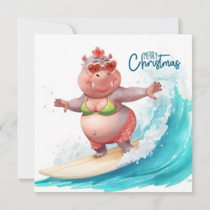Surfing Hippo Bikini Christmas Holiday Card