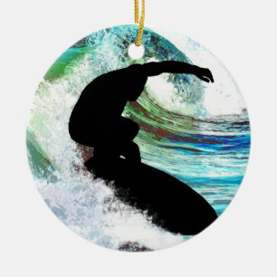 Surfing in Curling Wave Ceramic Ornament