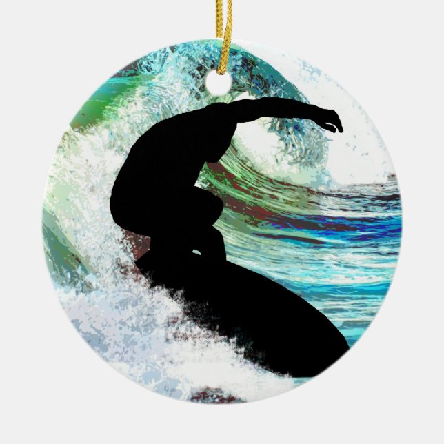 Surfing in Curling Wave Ceramic Ornament (Front)