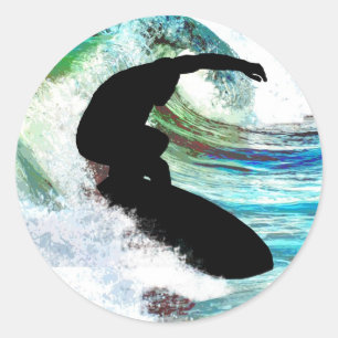 Surfing in Curling Wave Classic Round Sticker
