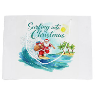 Surfing into Christmas with Santa Surfer Large Gift Bag