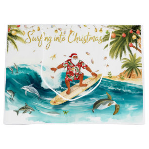Surfing into Christmas with Santa Surfer Large Gift Bag