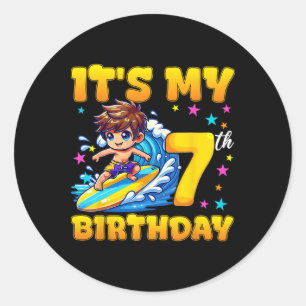 Surfing It's My 7th Birthday Boy 7 Years Old Classic Round Sticker