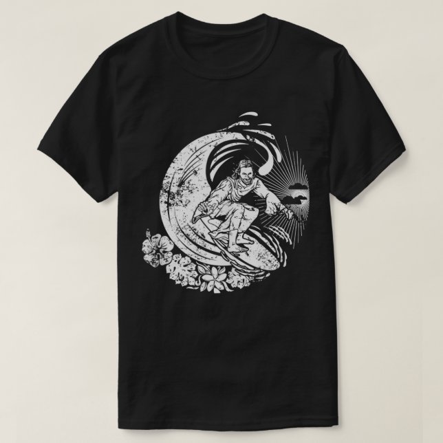 Surfing Jesus Vintage Distressed  T-Shirt (Design Front)