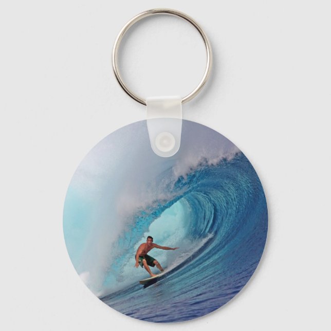 Surfing large blue wave Mentawai Islands Keychain (Front)