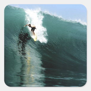 Surfing large green extreme surfing wave square sticker