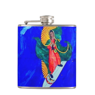 surfing nun on blue wave hip flask